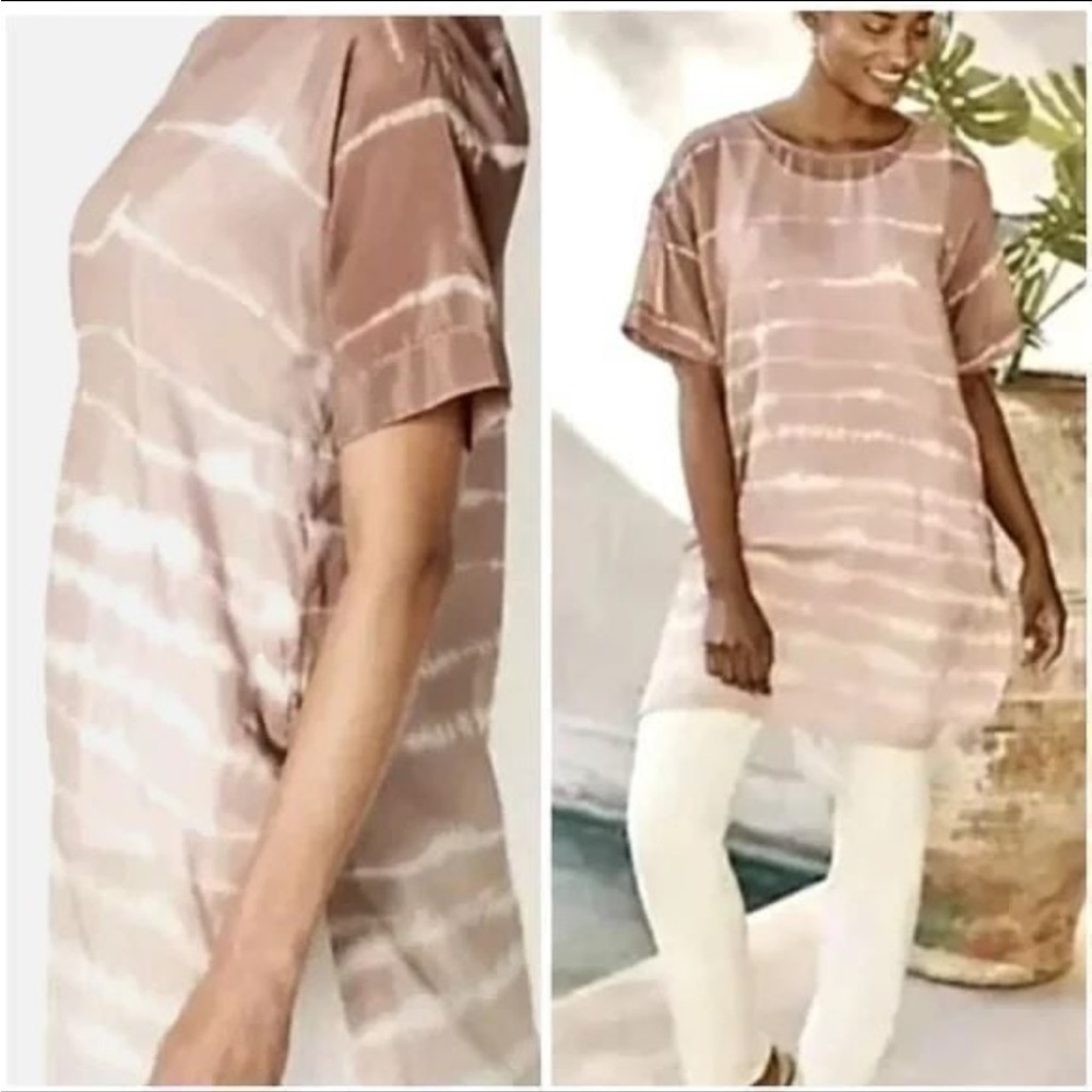 J. Jill Pure Top Fawn Ombré Tie Dye Cotton Silk SheerTunic Long Short Sleeve LP